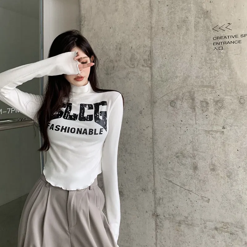 The Rock Turtleneck Autumn and Winter Letter Print Short Half-High Collar Long Sleeves T-shirt Inner Bottoming Shirt