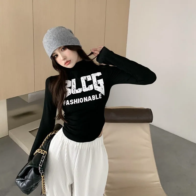 The Rock Turtleneck Autumn and Winter Letter Print Short Half-High Collar Long Sleeves T-shirt Inner Bottoming Shirt