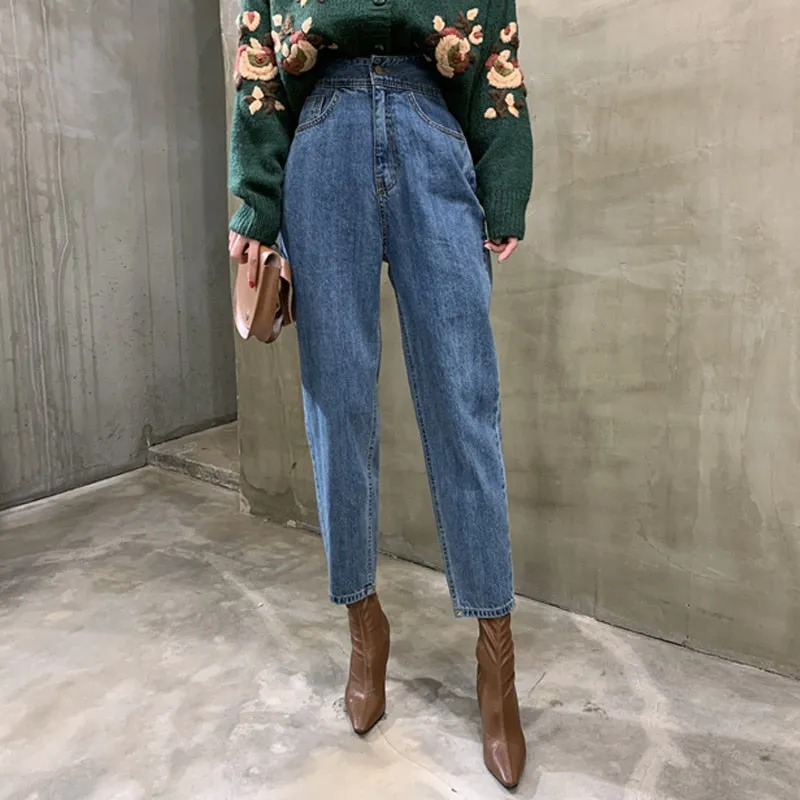 Uniwim Christmas Gift Women Harem Jeans Pants Fashion High Waist Loose White Denim Jeans Female Buttons Trousers SpringStreetwear