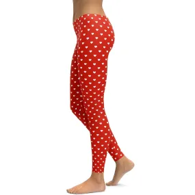 White Mini Hearts Red Leggings