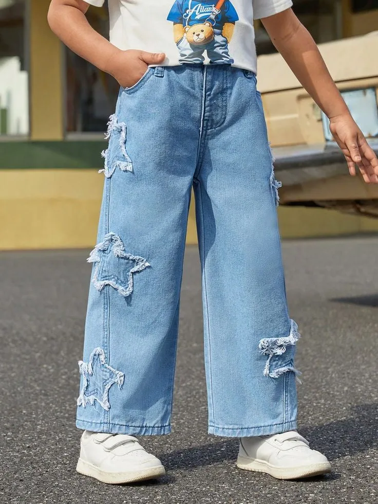 Women Star Patch High Waist Baggy Straight Fit Wide Leg Blue Jeans